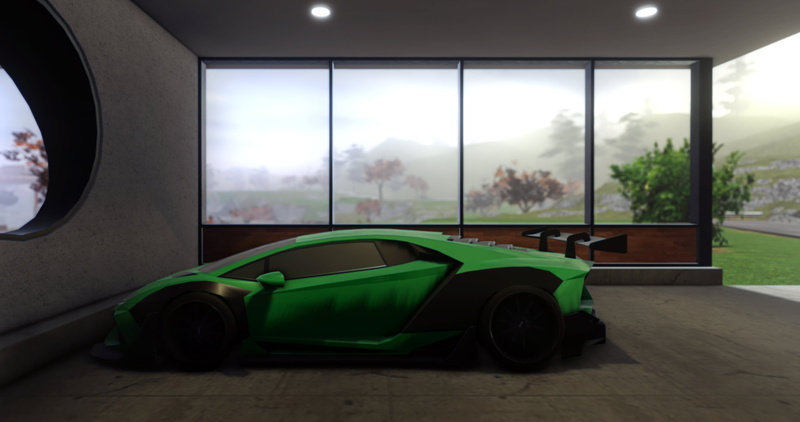 Garage, car spoiler, Pacifico (Roblox Game), mountains, sight view, Lamborghini, green car, Roblox, 2K