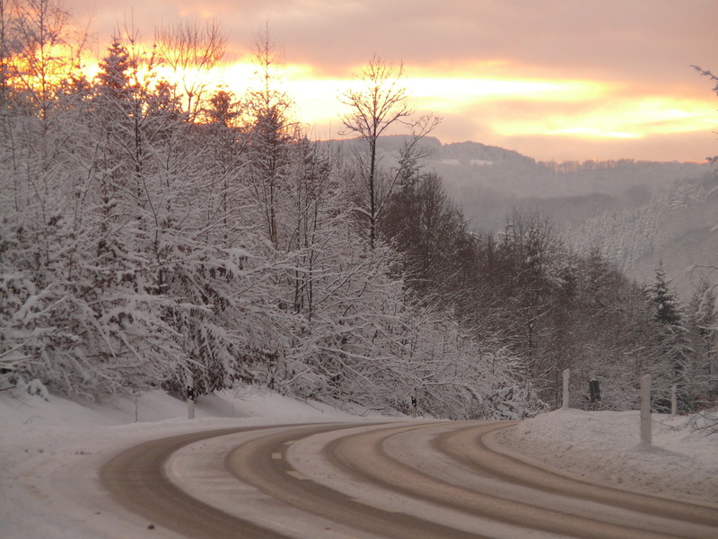 beauty in nature, drive, nature, tree, scenics - nature, cold temperature, black ice, traffic, sky, slippery roads, tranquility, winter, environment, sunset