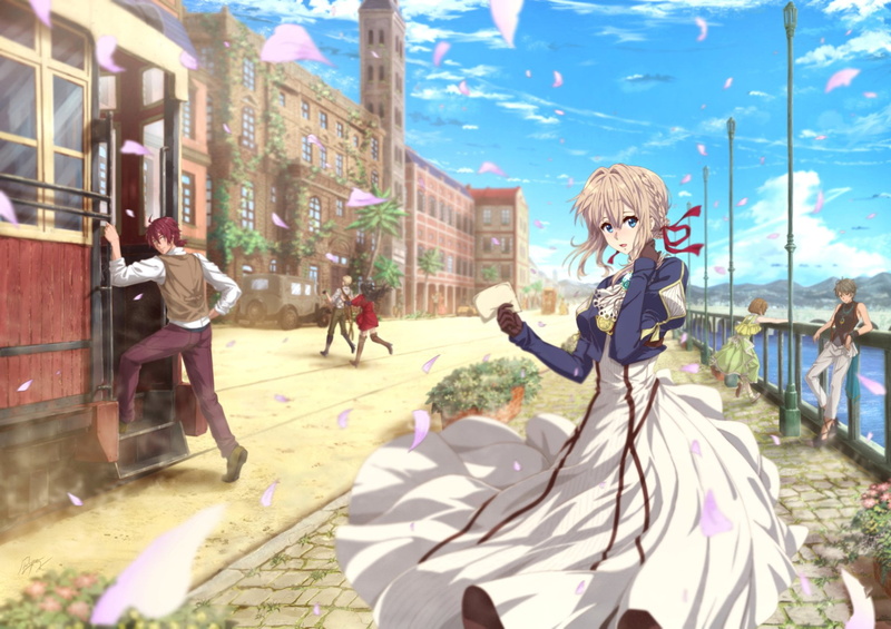 leisure activity, architecture, sunlight, incidental people, 1080P, real people, Violet Evergarden (Character), built structure, lifestyles, outdoors