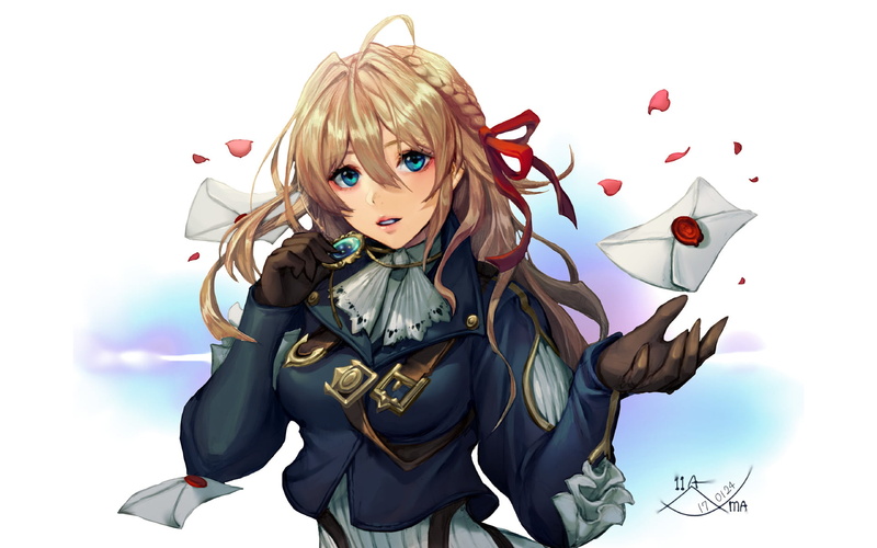 Anime, representation, hair, Violet Evergarden, front view, art and craft, nature, waist up, human representation, blond hair, Violet Evergarden (Character)