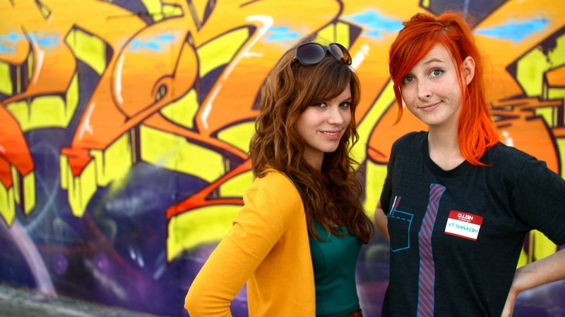 waist up, emotion, young adult, city, hairstyle, lifestyles, wall - building feature, adult, graffiti, smiling, beautiful woman, friendship, 1080P, paint