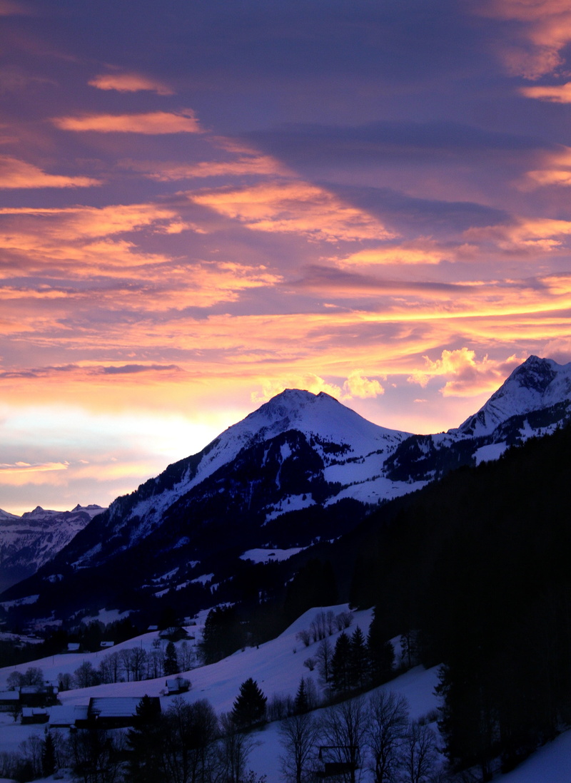 tranquil scene, no people, sun, color, mountain peak, european Alps, idyllic, 2K, pink, gradient, unique, environment, outdoors, clouds, snow, scenics - nature