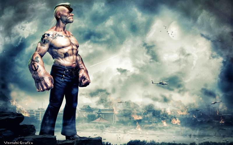 standing, k, day, males, muscular build, men, lifestyles, young adult, Popeye, smoke - physical structure, full length, digital composite, 4K, adult, nature