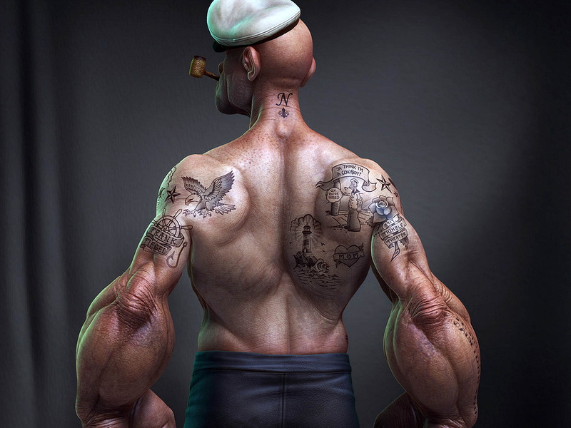 sport, bicep, exercising, Popeye, weight, lifestyles, muscular build, strength, tattoo, healthy lifestyle, adult, sports training, weight training, human body part