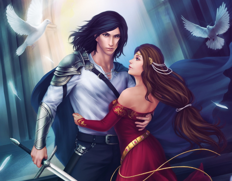 4K, birds, weapons, art, Guinevere, Zetsuai89, guy, girl, sword, Lancelot, hugs