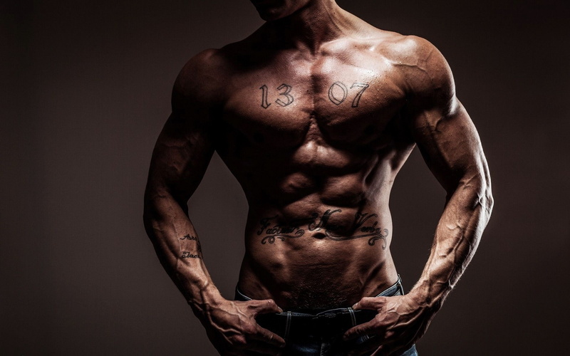 chest, indoors, body building, black background, body part, human body part, bodybuilding  pictures, males, abdominal muscle, front view, 1080P, tattoo