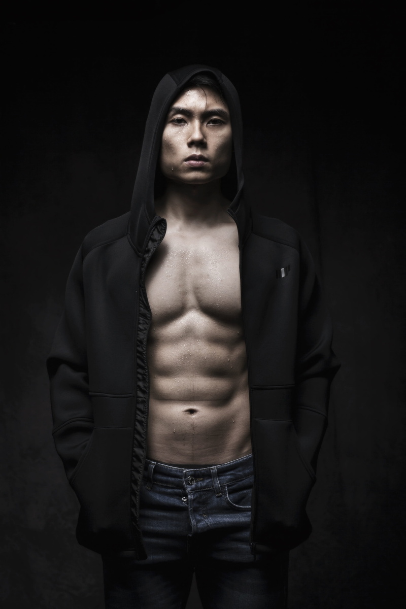 strength, masculinity, jeans, muscular build, fitness, young adult, handsome, one person, man, 4K, shirtless, body, portrait, strong, front view, hood