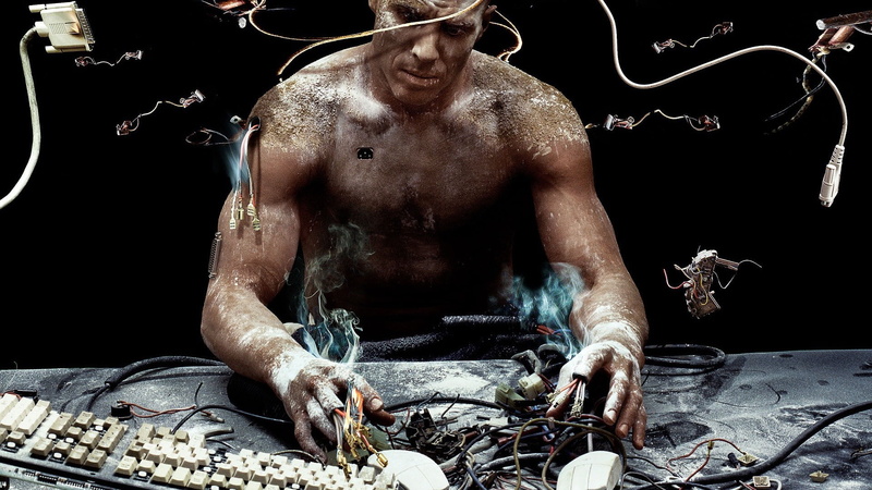 hacking, digital art, cyber, men, cyberpunk, artwork, cyborg, science fiction, 1080P, shirtless, wires, keyboards