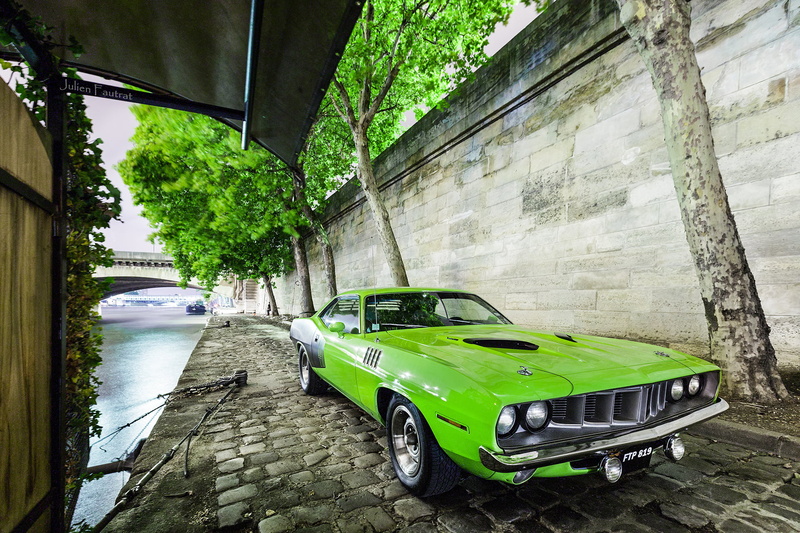 no people, motor vehicle, green color, built structure, 1080P, water, chevrolet, stationary, Plymouth, Car, transportation, mode of transportation, camaro