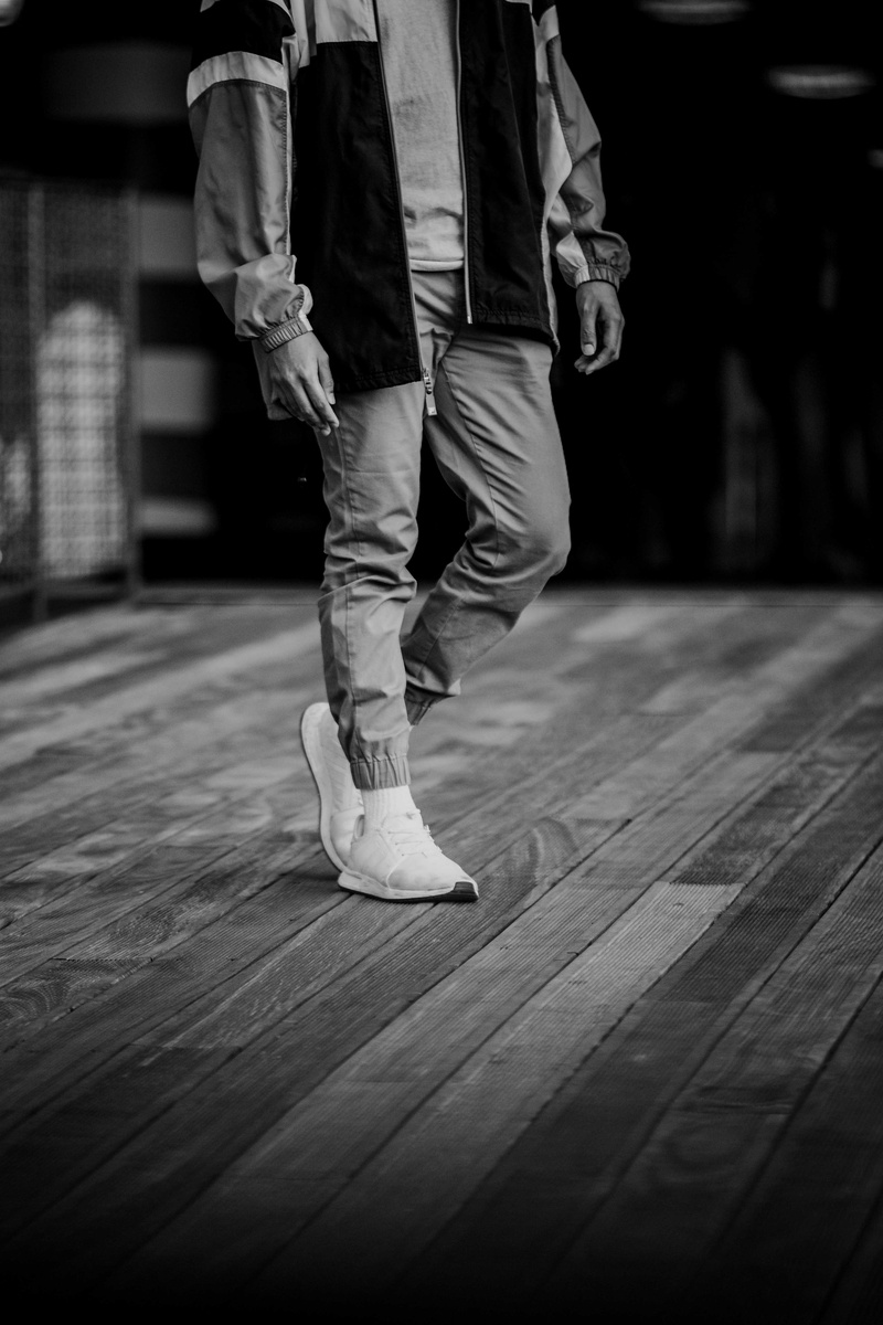 black and white, trainer, standing, body part, grayscale, 5K, moody, day, leisure activity, street style, male, dancing, street fashion, floor, boardwalk
