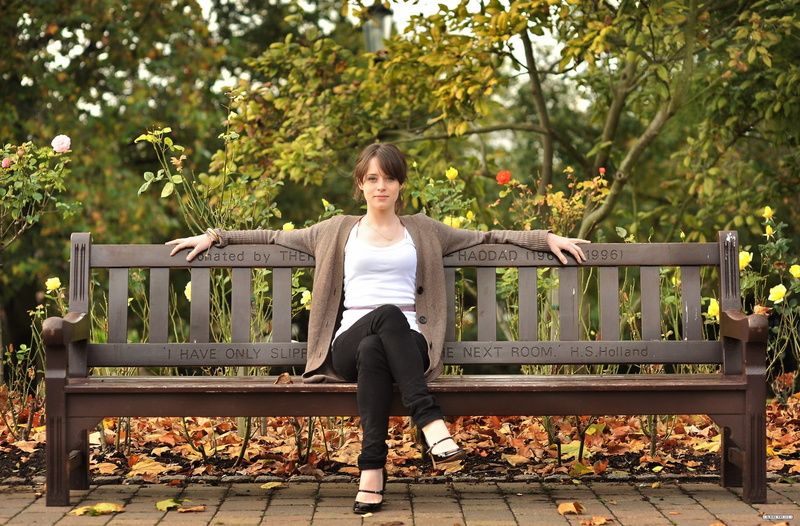 women, growth, nature, change, outdoors, leaf, standing, looking at camera, real people, lifestyles, Claire Foy, tree, blue eyes, bench, day, leisure activity