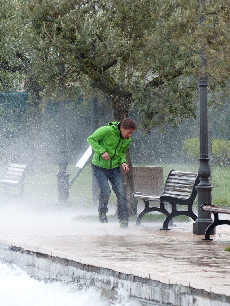 seat, wet, promenade, spraying, standing, warm clothing, one person, soaked, men, lake, spray, park, man, 4K, flooded, downpour, person, inject, get wet