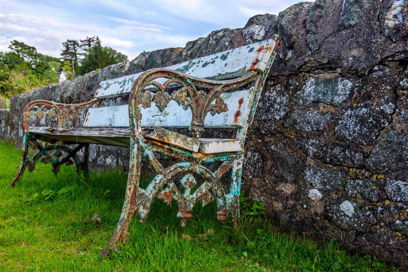 stone, no people, day, outdoors, architecture, mountain, rusty, grass, wood, weathered, park bench, deterioration, run-down, furniture, ruined, 5K, field
