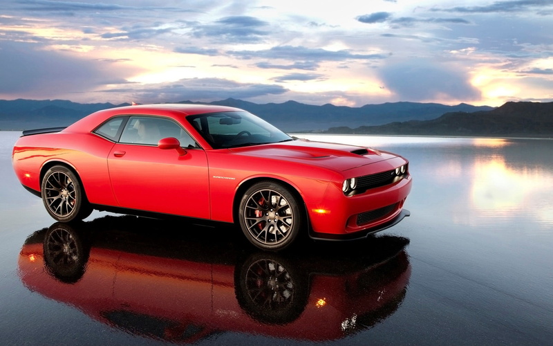 car, land vehicle, mountain, mode of transportation, Dodge, non-urban scene, transportation, water, sky, Dodge Challenger, reflection, cloud - sky, Dodge Challenger SRT