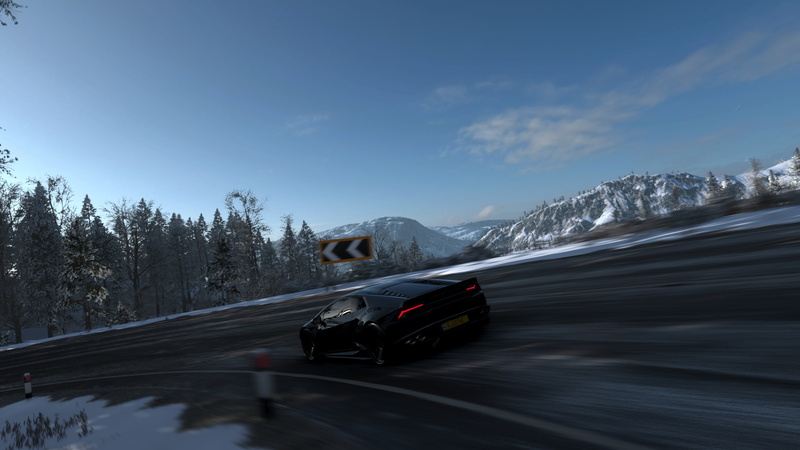 tree, speed, motion blur, Forza Games, sky, no people, transportation, blurred motion, screen shot, snow, mountain range, outdoors, mode of transportation