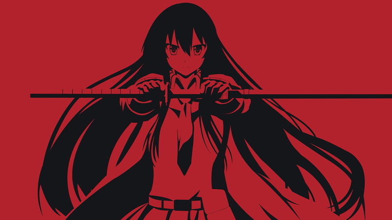 studio shot, portrait, Akame ga Kill!, indoors, anime, Akame, communication, red, women, one person, hairstyle, young adult, standing, front view, young women