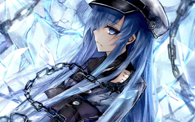 Anime, blue hair, 2K, profile view, hat, esdeath, akame ga kill, chains