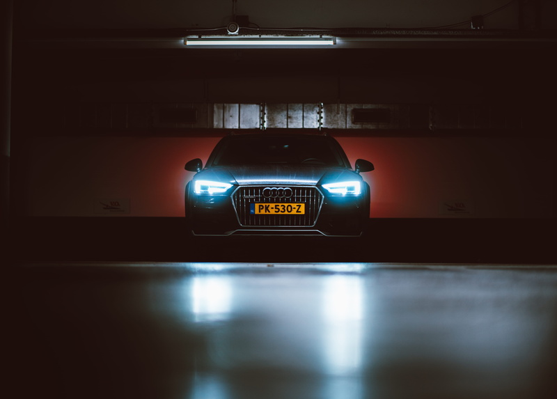 indoors, vehicle, motor vehicle, 2018, black, land vehicle, led, headlight, text, audi, illuminated, time, no people, close-up, 2019, mode of transportation