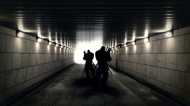 Soldiers, indoors, walking, crime, people, group of people, rear view, shadow, abstraction, silhouette, full length, white, sword, black, the background