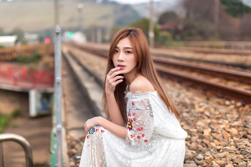 women, sitting, long hair, finger on lips, brunette, looking at viewer, fake iris, women outdoors, depth of field, 1080P, urban, model, Asian, white dress