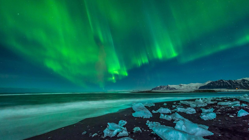 night, scenics - nature, aurora polaris, green color, landscape, astronomy, sky, ice, water, 1080P, cold temperature, no people, beauty in nature, sea