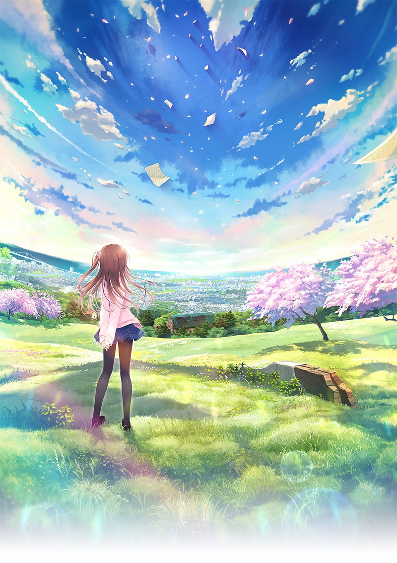 back, sky, casual clothing, full length, flower petals, Himeno Sena, anime, hairstyle, plant, long hair, city, standing, nature, women, character, leisure activity