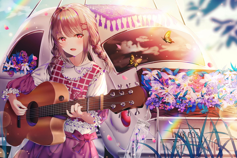 blushing, car, singer, drawing, Pixiv, junpaku karen, illustration, artwork, flowers, looking at viewer, butterfly, 4K, anime girls, musical instrument