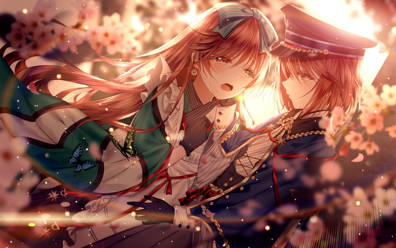 sunset, dress, women, profile, black gloves, apron, long hair, Rozen Maiden, crying, anime girls, ribbon, gloves, tears, cherry blossom, artwork, berets