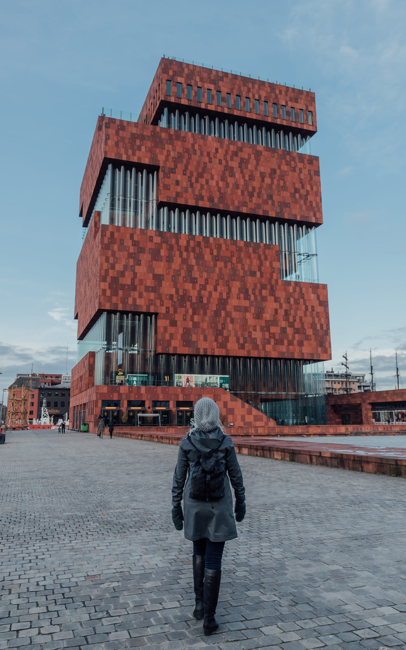 antwerpen, 4K, building exterior, warm clothing, belgium, mas, women, adult, day, rear view, standing, built structure, winter, antwerp, museum, lifestyles