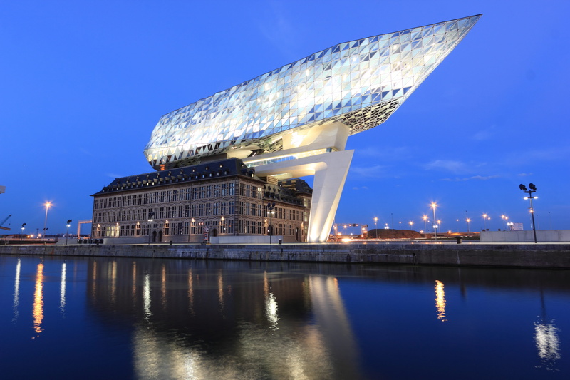 landmark, cloud - sky, modern, building, city, arts culture and entertainment, architecture, built structure, water, Belgium, government, havenhuis, dusk