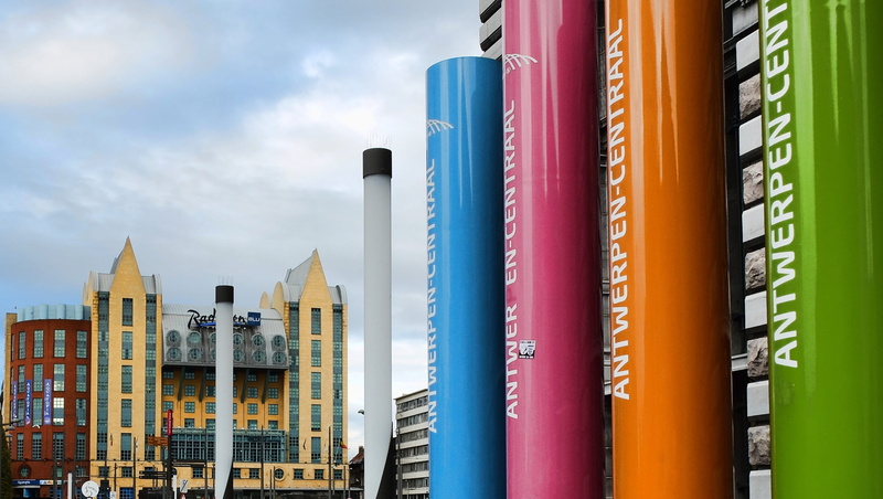 sky, building exterior, low angle view, astrid square, variation, 2K, no people, Antwerp, Astrid, skyscraper, architecture, multi colored, cloud - sky