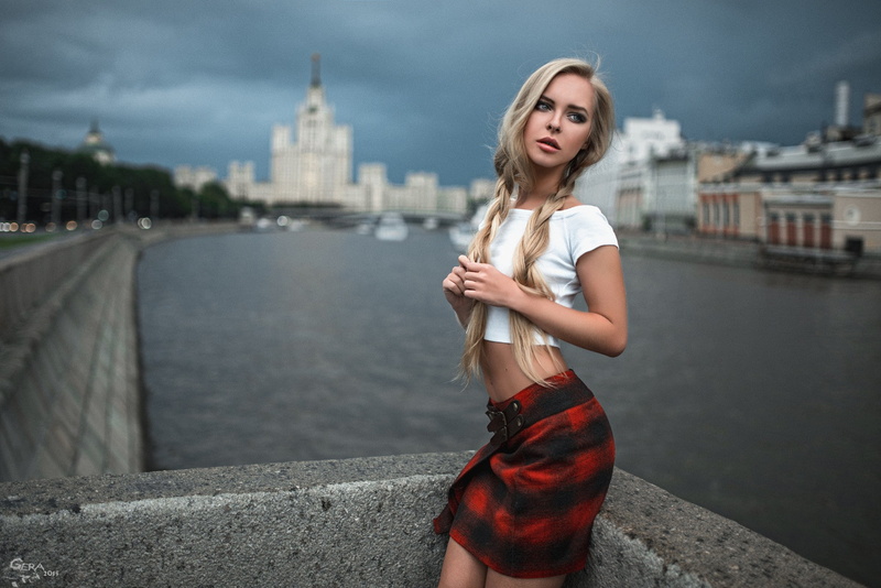 Victoria Pichkurova, 1080P, braids, women, skirt, model, looking away, river, Georgy Chernyadyev, blonde, city