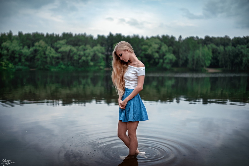 full length, water, hair, fashion, model, lake, lifestyles, casual clothing, reflection, outdoors, standing, nature, long hair, day, beautiful woman, forest