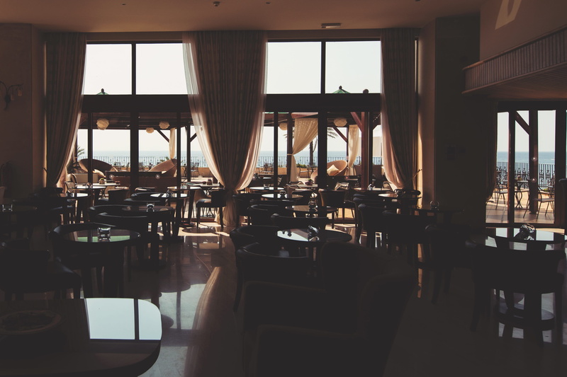 transparent, curtains, event, place, drink, 4K, near, indoors, table, terrace, eat, decoration, view, chairs, big, seat, chair, absence, no people, in a row