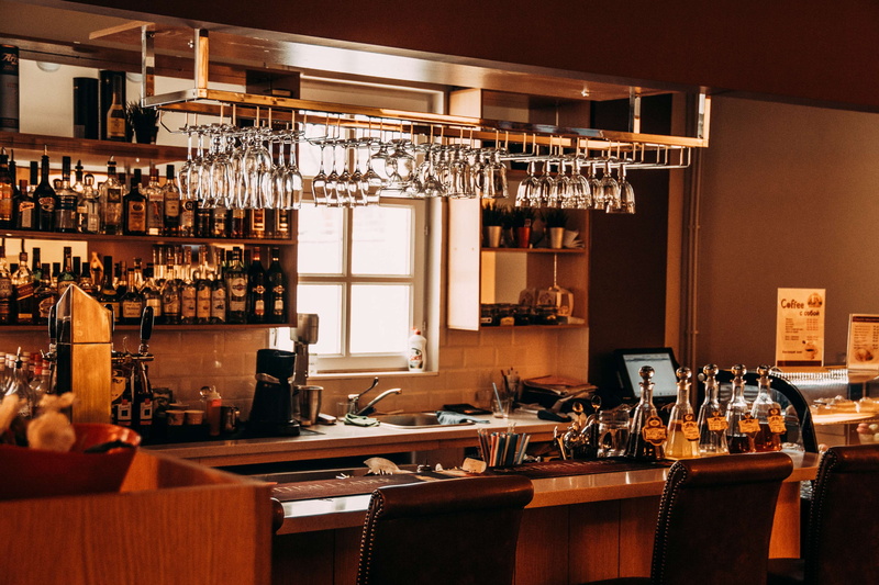 business, 4K, bottle, caf, shop, chair, luxury, food and drink industry, kitchen, bar, bar counter, large group of objects, wineglass, food service occupation