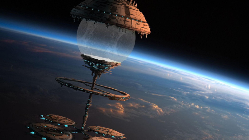 planet, spaceship, 1080P, painting, 1920x1080, stations, earth, fantasy, station, orbital