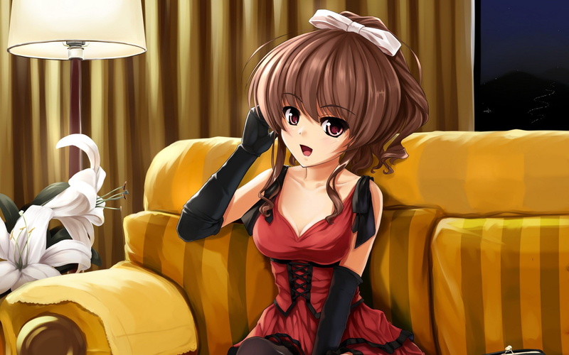 casual clothing, cartoon, illustratin, females, characters, future, wallpap, looking, sofa, yellow, female, 1080P, curtain, brown, childhood, dress, women