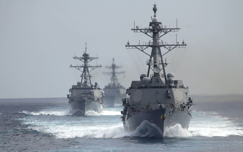 navy, waterfront, no people, army, USS Gridley (DDG 101), horizon over water, passenger craft, gray, ships, nautical vessel, power in nature, mode of transportation
