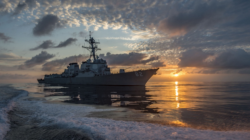 white, ocean, 2K, golden, USS Lassen (DDG-82), skies, USA Navy, Arleigh Burke-class, guided missile destroyer, hour, ship