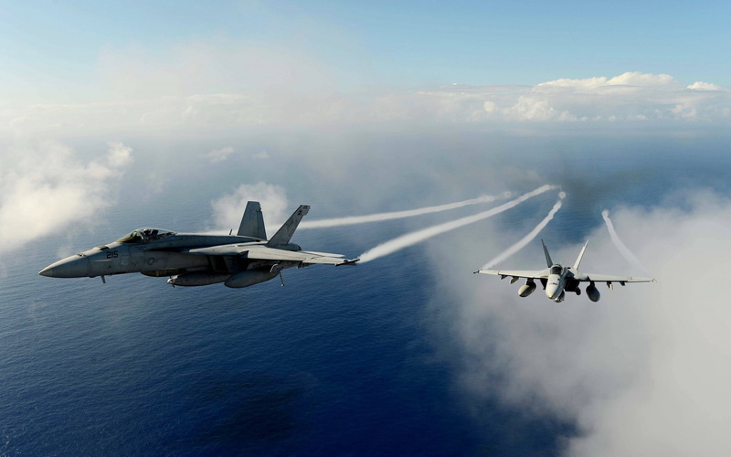 air force, plane, flying, military airplane, on the move, smoke - physical structure, Boing F/A-18F Super Hornet, fighter plane, sea, 1080P, transportation