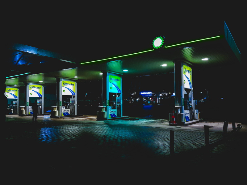 filling, consumerism, gas station, architecture, poland, illuminated, built structure, fuel and power generation, fuel pump, fossil fuel, neon, 4K, night