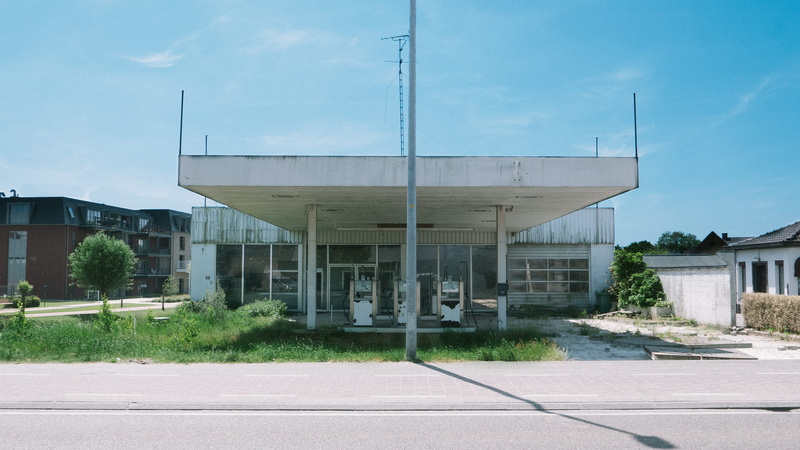 window, blue, nature, rundown, sky, building, oud-turnhout, outdoors, empty, architecture, day, city, symmetry, gasstation, cloud - sky, plant, facade
