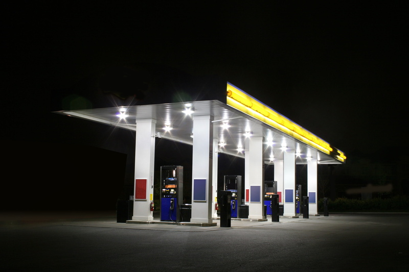 illuminated, station, outdoors, fuel and power generation, night time, refueling, yellow, built structure, sky, gas station, filling, no people, fuel pump