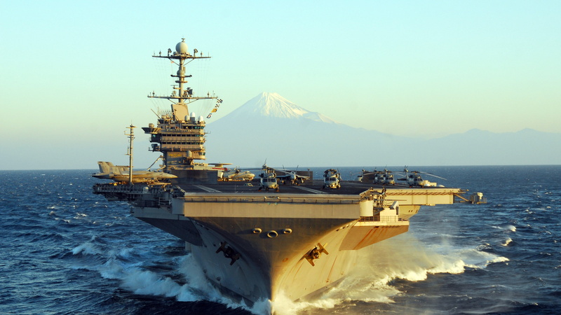 CVN-73, 4K, mountain, USS George Washington, U.S.Navy, Fuji Japan, aircraft carrier, Nimitz class