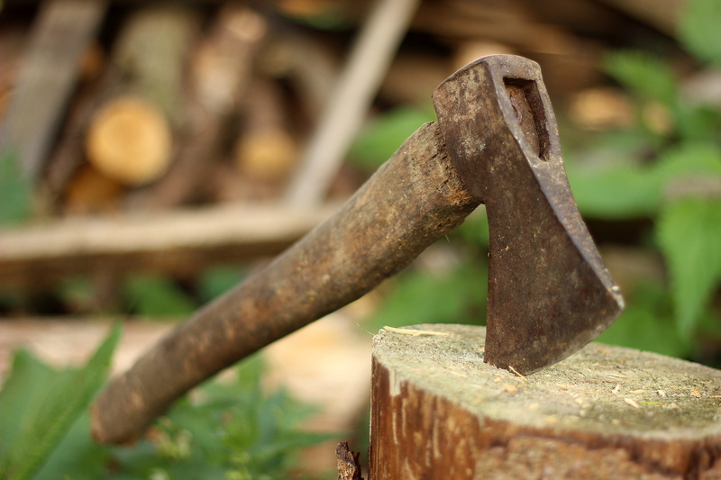 close-up, old, selective focus, block, wood, work tool, wooden, handle, log, outdoors, no people, background, nature, selective, green, work, damaged, 5K