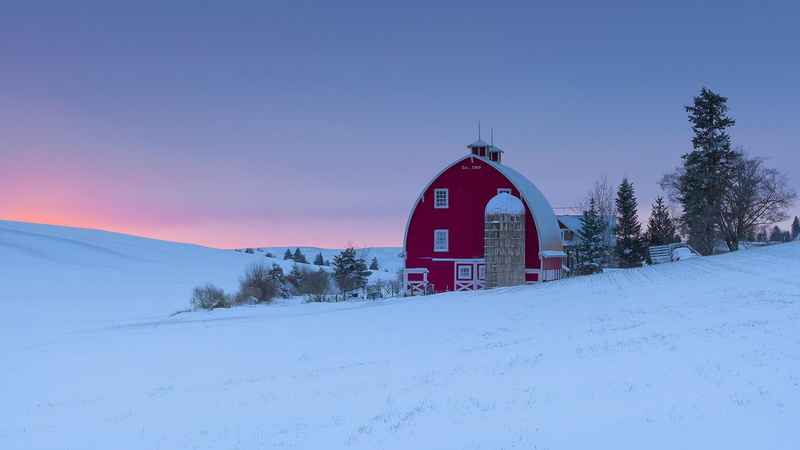 winter, barn, silo, farm, nature and landscapes, 1080P, s, sunset, red, hills