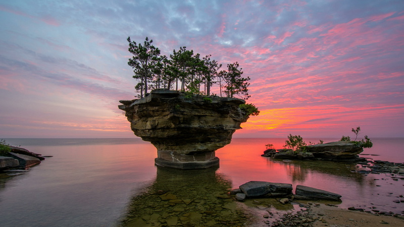 cloud, water, landscape, 4K, michigan, sunset, lake, tree, calm, turnip rock, rock, sky, united states, plant, evening, port austin, lake huron, coast