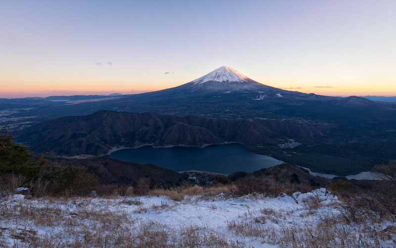 scenics - nature, cold temperature, Mount Fuji, mountain, snow, non-urban scene, volcano, tranquility, mountain range, landscape, outdoors, sunset, water