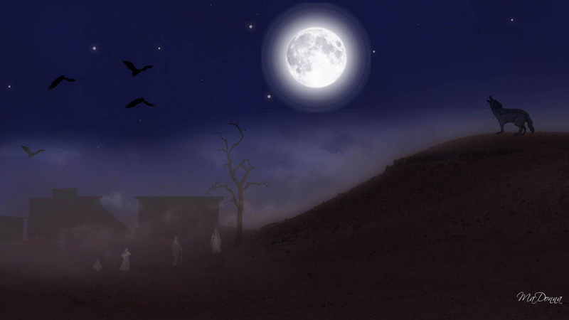 1080P, ghosts, moon, ghost, wolf, stars, houses, town, firefox persona, s, halloween, ghost town, 3d and abstract