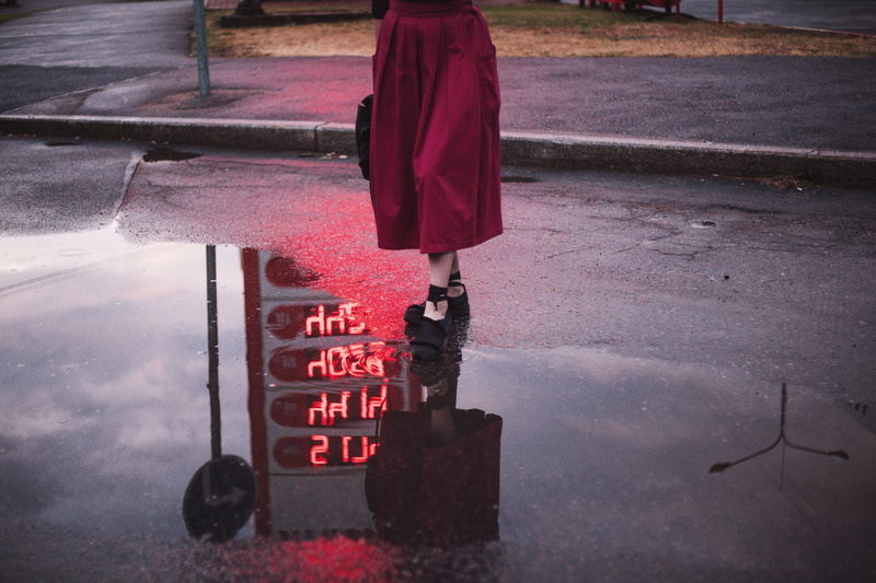 rain, style, dress, skirt, gasoline, standing, footpath, women, water, beside, reflection, wet, s, neon, word, woman, fashion, street, rainy season, day